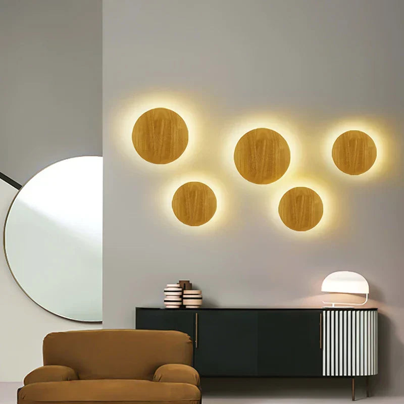 Modern Scandinavian wooden wall lamp for bedroom. Minimalist design, warm ambient light, natural wood decor.