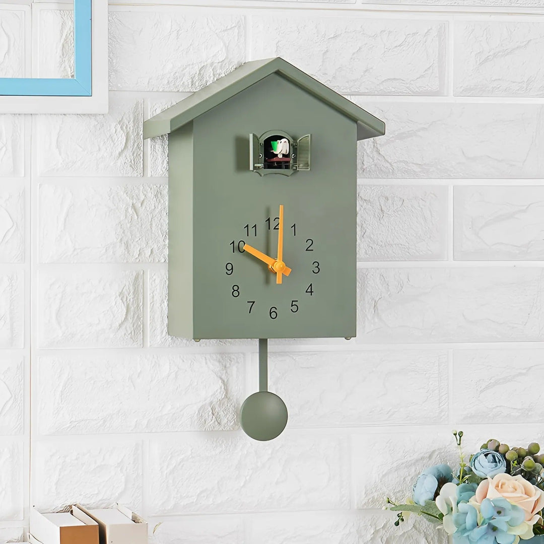Minimalist wooden cuckoo wall clock. Modern home decor accent for living rooms or offices. Silent quartz movement.