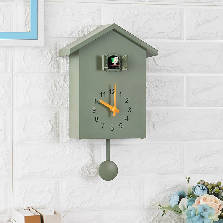 Minimalist wooden cuckoo wall clock. Modern home decor accent for living rooms or offices. Silent quartz movement.
