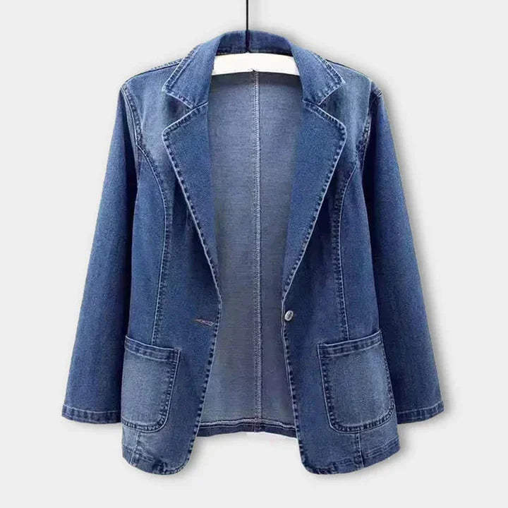 Model wearing a fitted blue denim blazer, perfect for women's casual chic spring autumn outerwear.