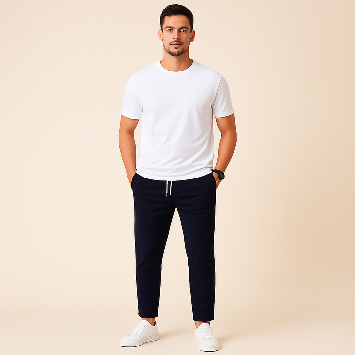 Men's slim fit drawstring pants in dark grey, ideal for casual wear, gym, or travel. Ultimate comfort.
