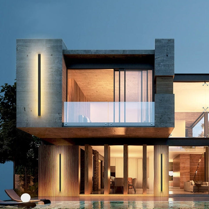 Contemporary LED wall sconce, perfect patio light or garden light, weather-resistant design.