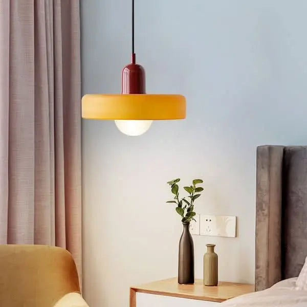 Contemporary round glass pendant, Bauhaus inspired, bringing modern flair to any room.