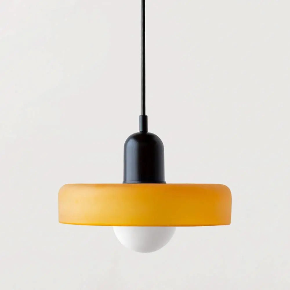 Sophisticated ceiling light, modern Bauhaus style with round colored glass for decor.