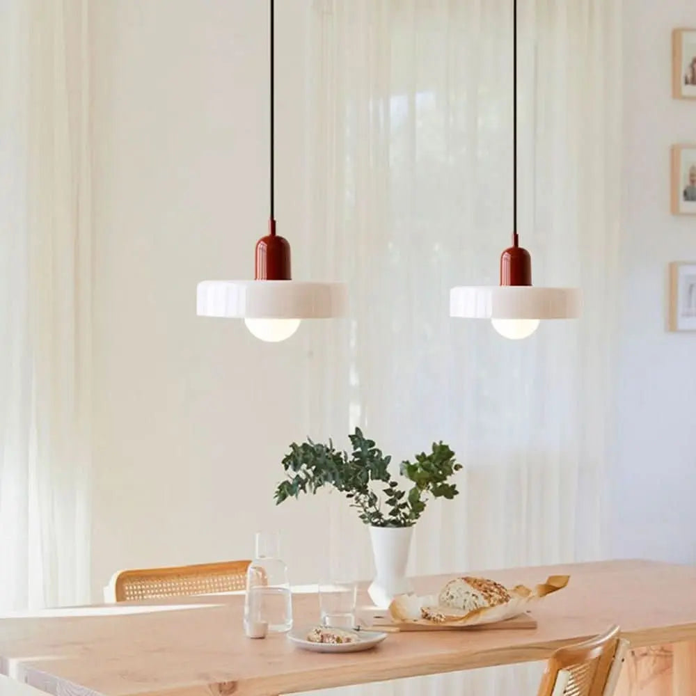 Contemporary design pendant, Bauhaus aesthetic with unique colored glass elements.