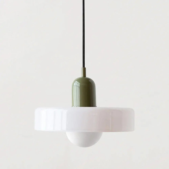 Bauhaus inspired ceiling light, round colored glass, enhancing modern home decor.