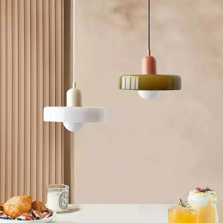 Unique colored glass pendant, modern Bauhaus style, a statement piece for interiors.