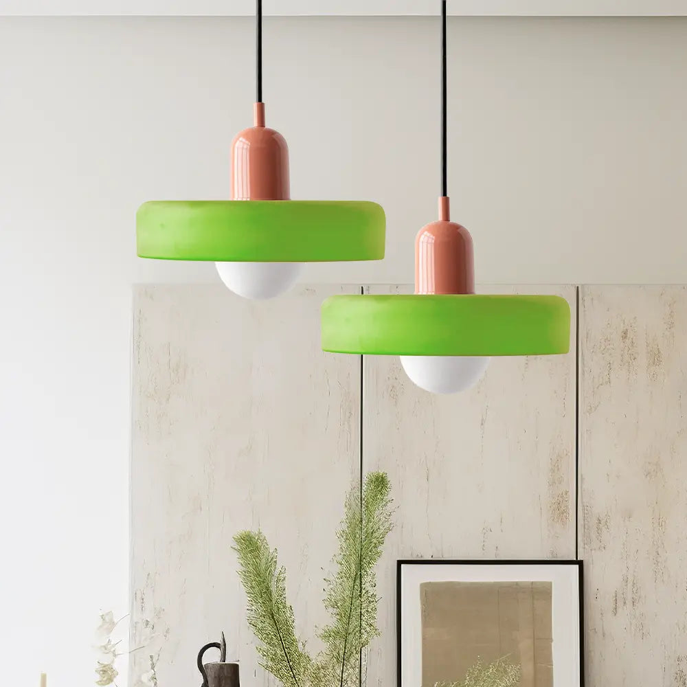 Elegant modern interior lighting, Bauhaus colored glass pendant, beautifully crafted.