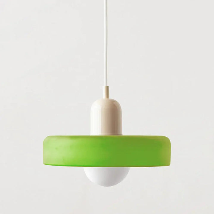 Contemporary Bauhaus style pendant, vibrant colored glass, ideal for open concept homes.