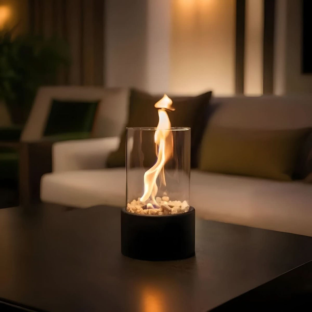 Portable bioethanol fireplace, ideal for indoor or outdoor tables. Smokeless, modern flame ambiance.