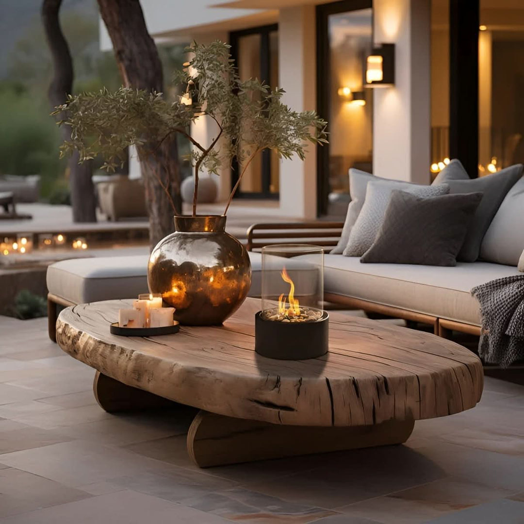 Clean burn bioethanol fireplace, a modern decorative tabletop heater. Provides warm indoor/outdoor ambiance.