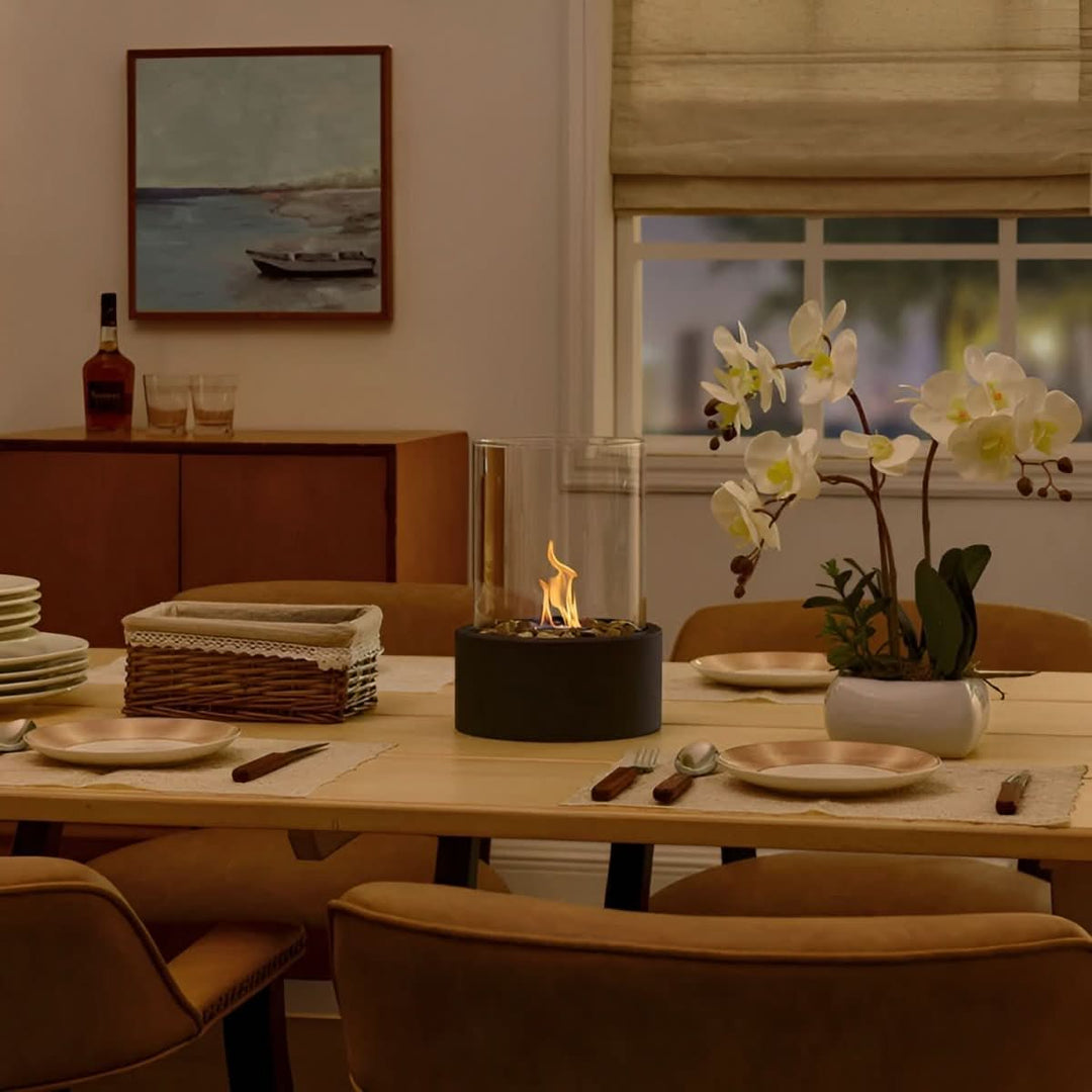 Versatile bioethanol table flame decor. Modern design, perfect for indoor & outdoor ambiance, easy to move.