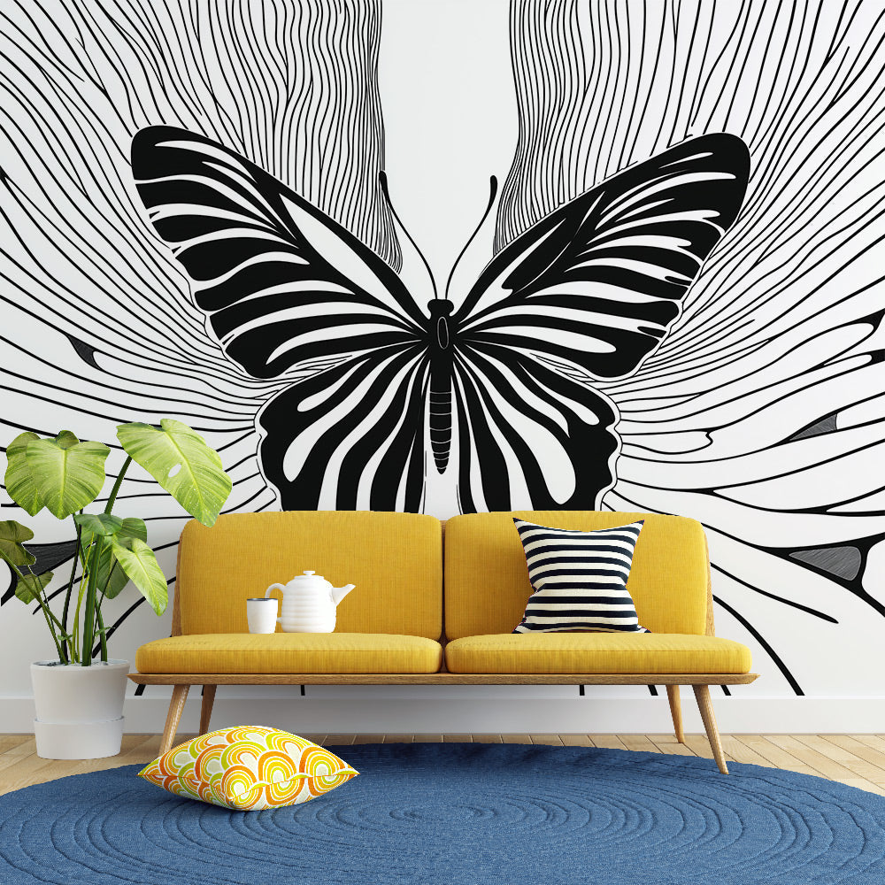 Modern black & white butterfly line art wall mural. Geometric, abstract peel & stick wallpaper for modern decor.