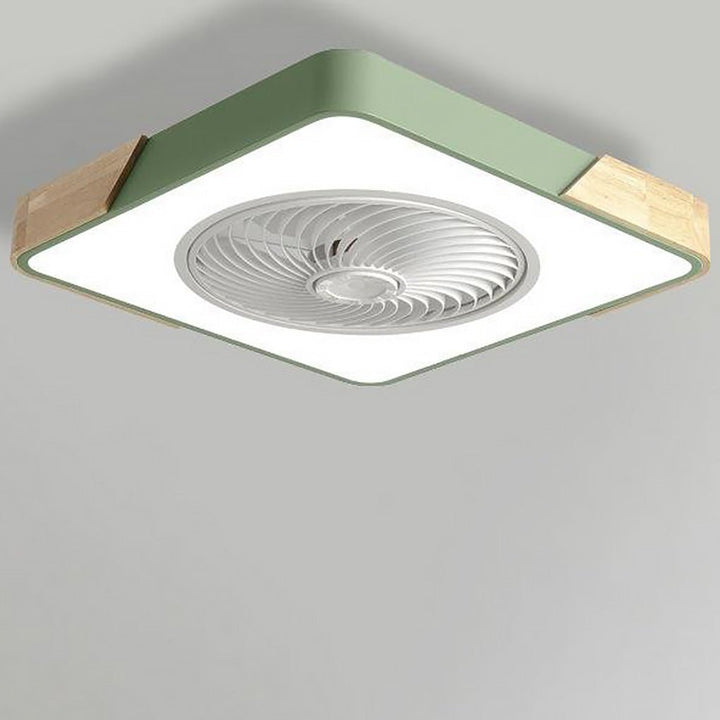 White modern bladeless ceiling fan with LED light, remote control, enhancing any room's decor.