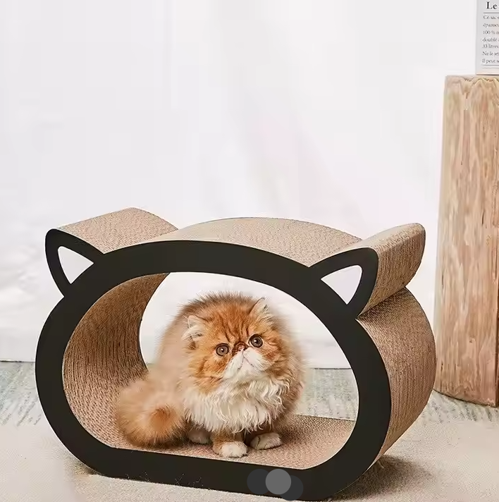 Modern cat scratching furniture with integrated corrugated cardboard lounger for feline rest and play.