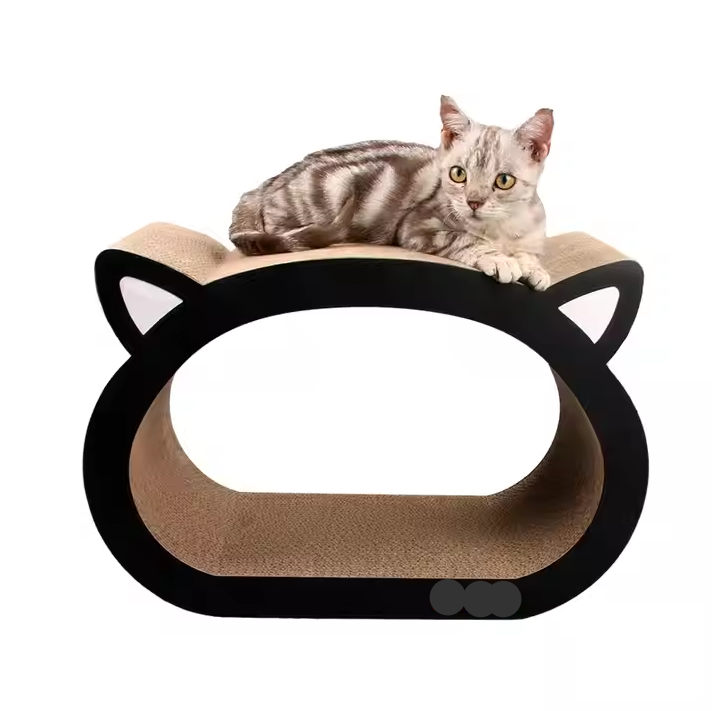 Durable corrugated cardboard scratching furniture with a curved lounger for cats to relax and scratch.