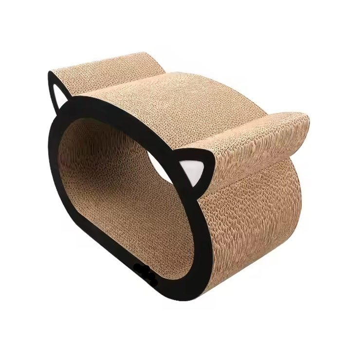 Happy cat on a modern scratching lounger, combining a play area and cozy bed for pets.