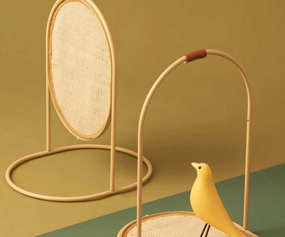 Happy cat scratching a stylish modern post, ensuring optimal claw care and providing endless play. Pet furniture.