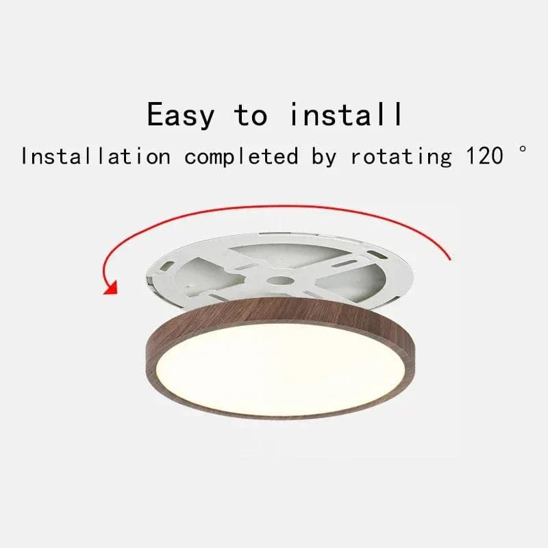 Modern circular wooden LED ceiling light. Sleek, energy-efficient flush mount design for contemporary interiors.