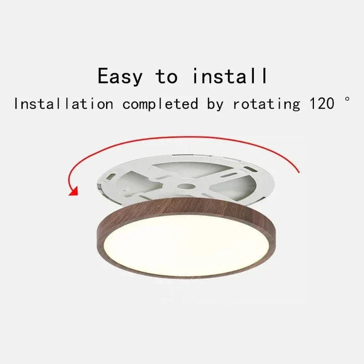Modern circular wooden LED ceiling light. Sleek, energy-efficient flush mount design for contemporary interiors.