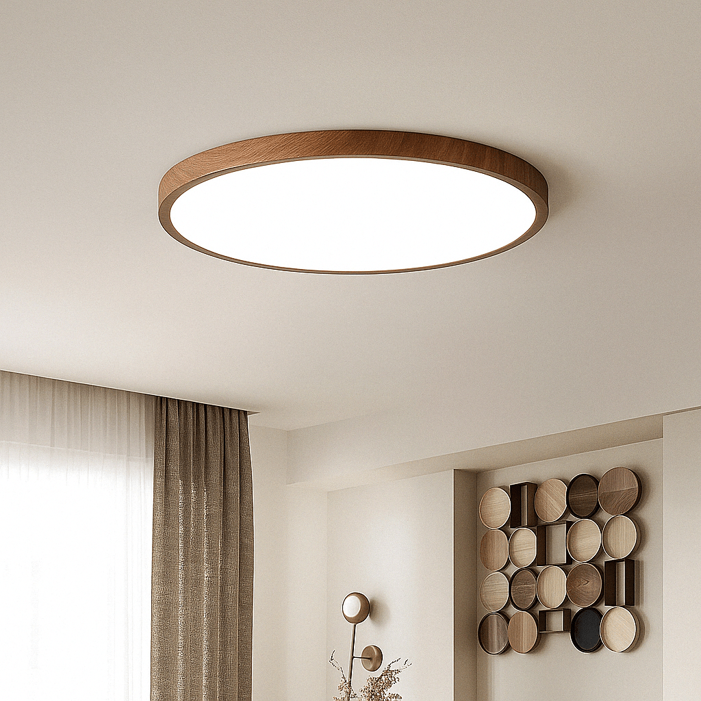 Sleek circular LED ceiling light with adjustable light. Walnut wood finish, modern design.