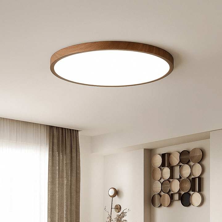 Sleek circular LED ceiling light with adjustable light. Walnut wood finish, modern design.