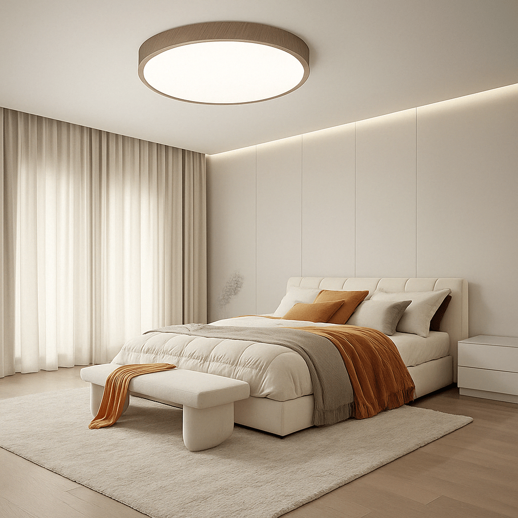 Natural wood circular LED ceiling lamp. Energy-efficient, modern aesthetic for any room.