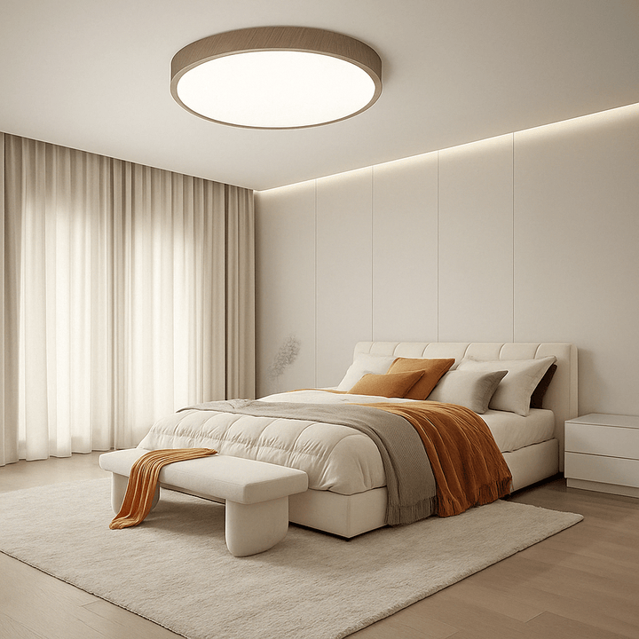 Natural wood circular LED ceiling lamp. Energy-efficient, modern aesthetic for any room.