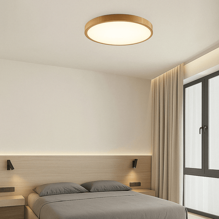 Bright circular wooden LED ceiling light. Modern, flush mount, perfect for general illumination.