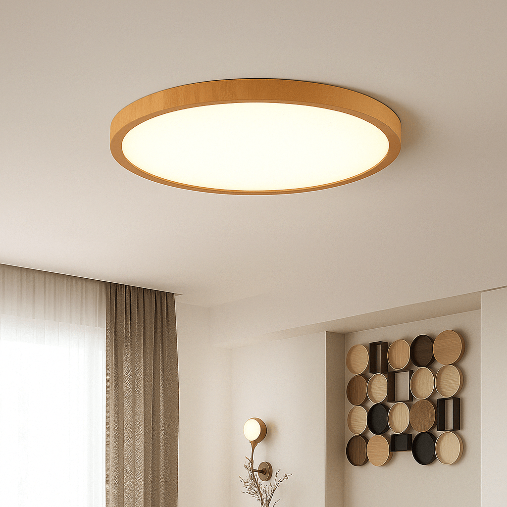 Modern circular wood grain LED ceiling light. Energy-saving and stylish home lighting.