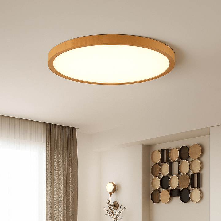 Modern circular wood grain LED ceiling light. Energy-saving and stylish home lighting.