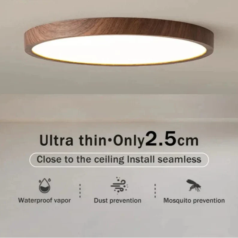 Elegant circular wooden LED ceiling light. Sleek design, perfect for modern interior decor.