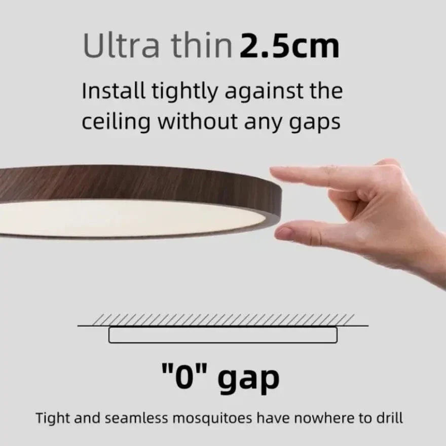 Ultra-thin circular wooden LED flush mount. Modern, energy-efficient, overhead lighting solution.