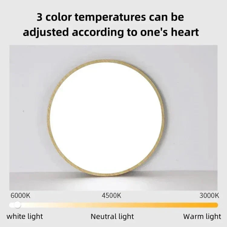 Dimmable circular wooden LED ceiling light. Sleek, modern, and energy-efficient for versatile ambiance.