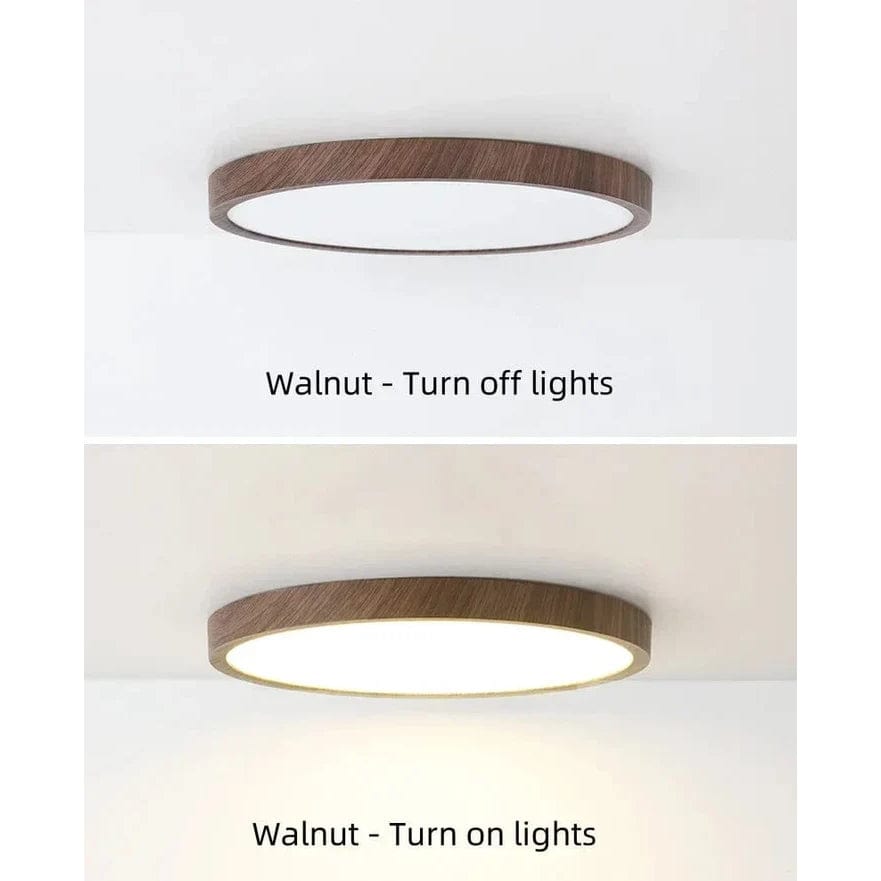 Sleek circular LED ceiling lamp with natural wood finish. Energy-efficient home lighting solution.