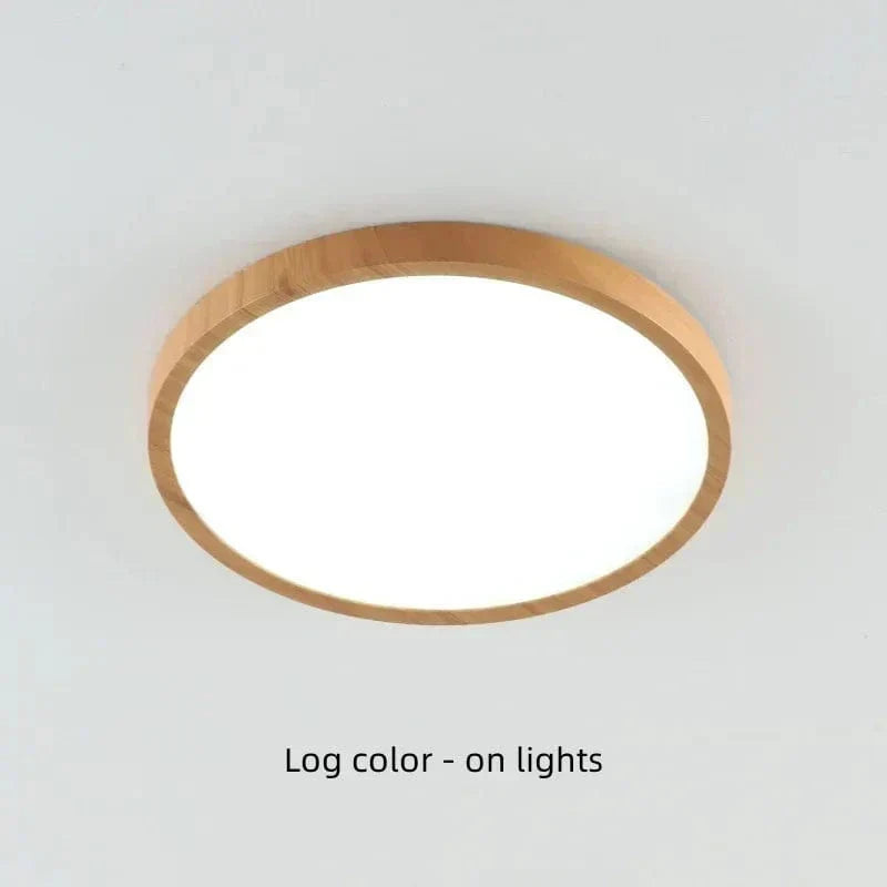 Contemporary circular LED light with natural wood casing. Energy-efficient overhead lamp.