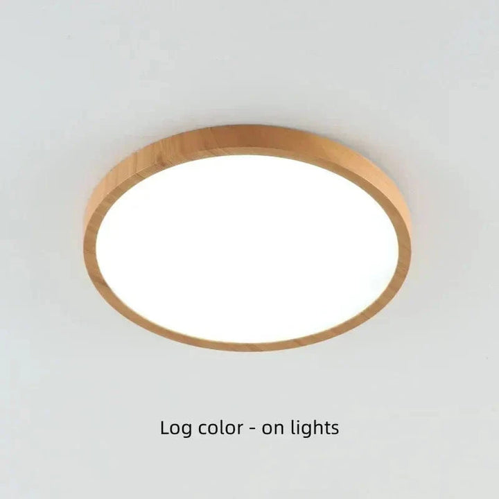 Contemporary circular LED light with natural wood casing. Energy-efficient overhead lamp.