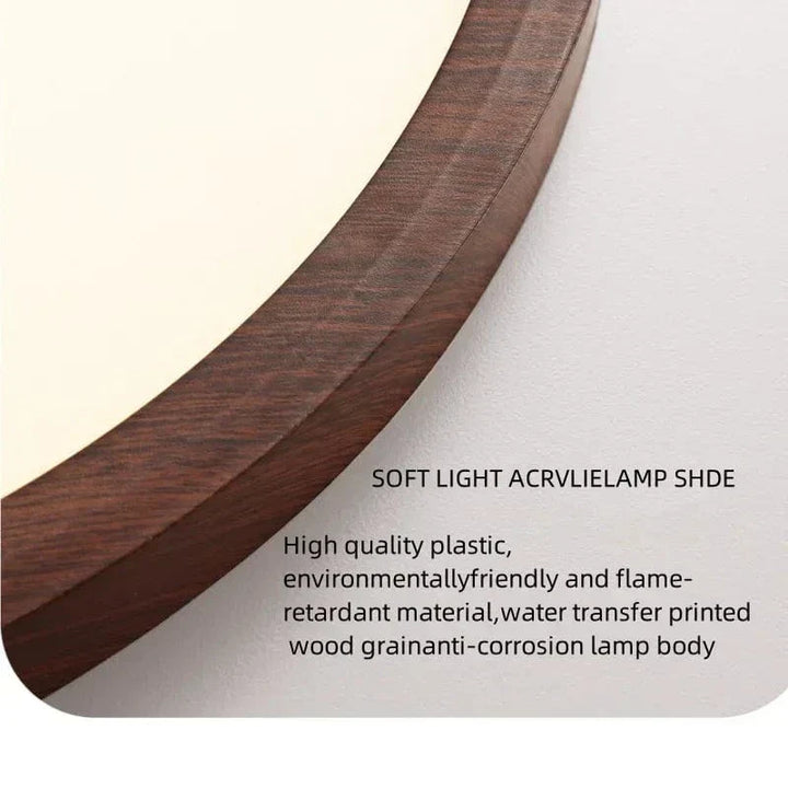 Modern circular wood finish LED ceiling lamp. Flush mount for clean, sophisticated interior design.