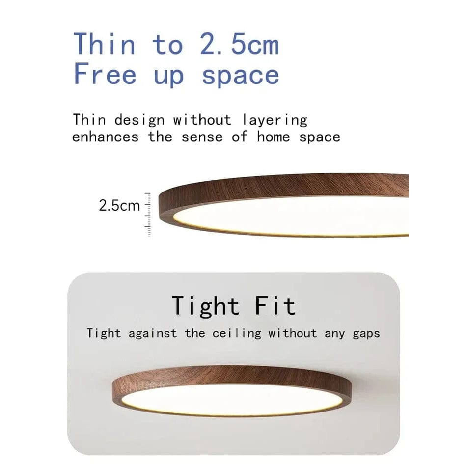 Flush mount circular wooden LED light. Modern design, perfect overhead lamp for residential spaces.
