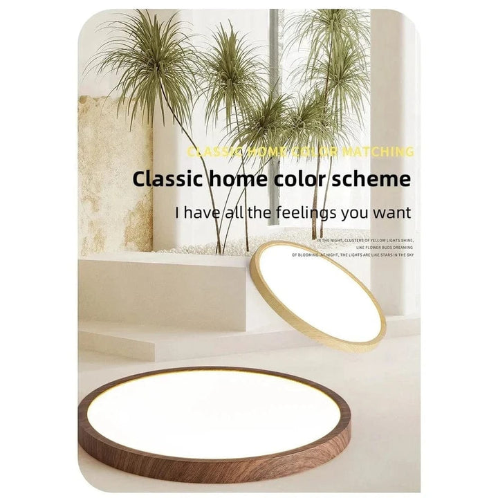 Energy-efficient LED ceiling light, circular wood finish. Ideal for modern interior design.