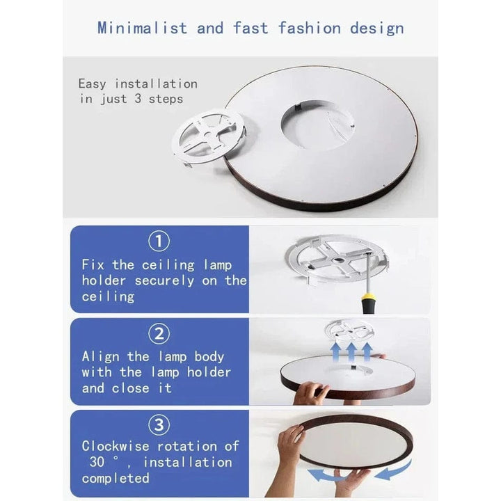 Walnut finish circular LED ceiling fixture. Modern and sleek, providing warm, adjustable light.