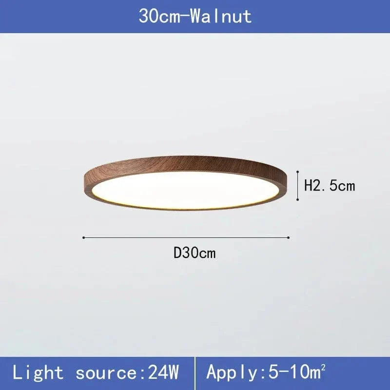 Modern circular LED ceiling light in natural wood. Sleek design for home or office lighting.