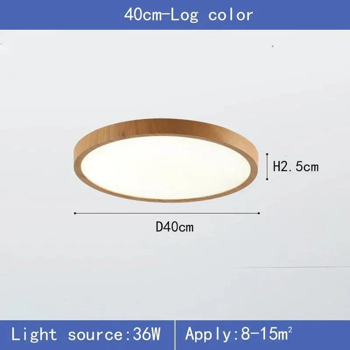 Minimalist circular wood LED ceiling light. Energy-efficient, provides ambient illumination.