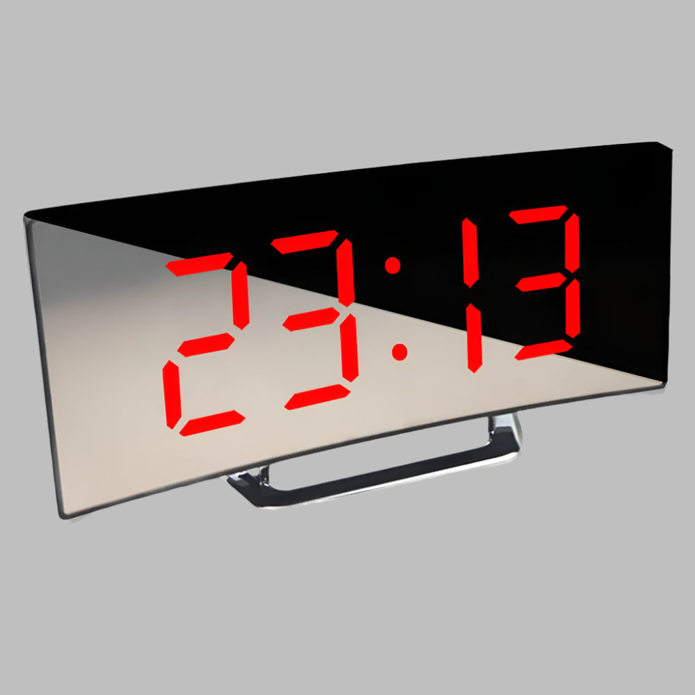 Modern Curved LED Digital Alarm Clock with Snooze Feature, ideal for bedroom or desk decor.