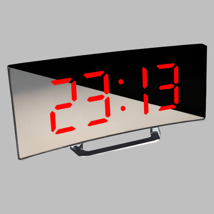 Modern digital curved LED alarm clock with snooze function and red display, perfect for bedroom decor.