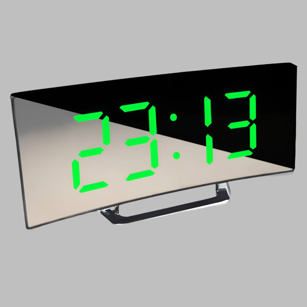 Green LED display digital curved alarm clock with snooze, ideal for a contemporary bedroom.