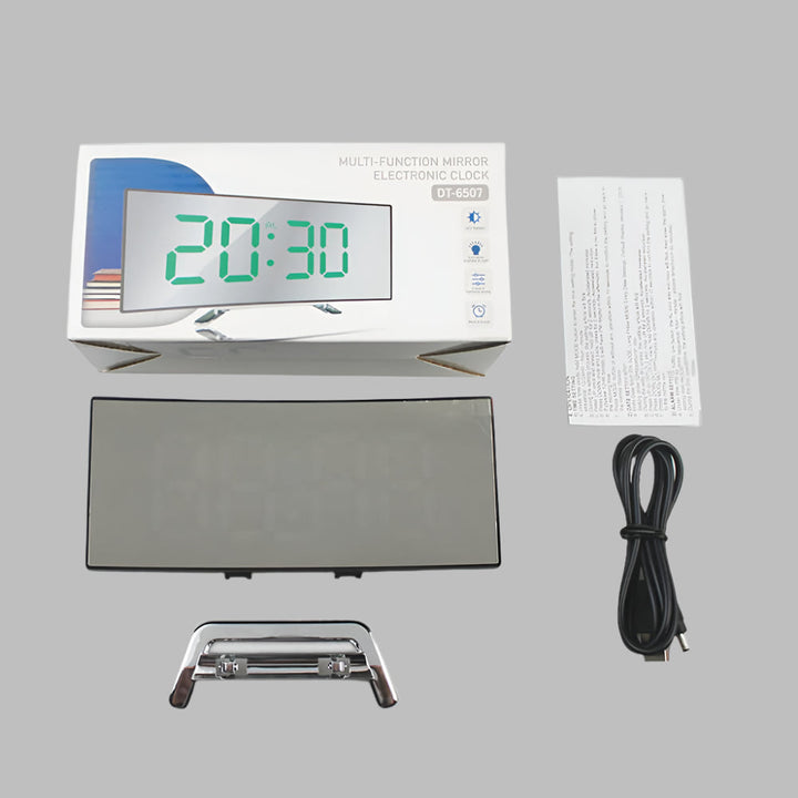 Stylish digital curved LED alarm clock in a new design, featuring clear time display and snooze.