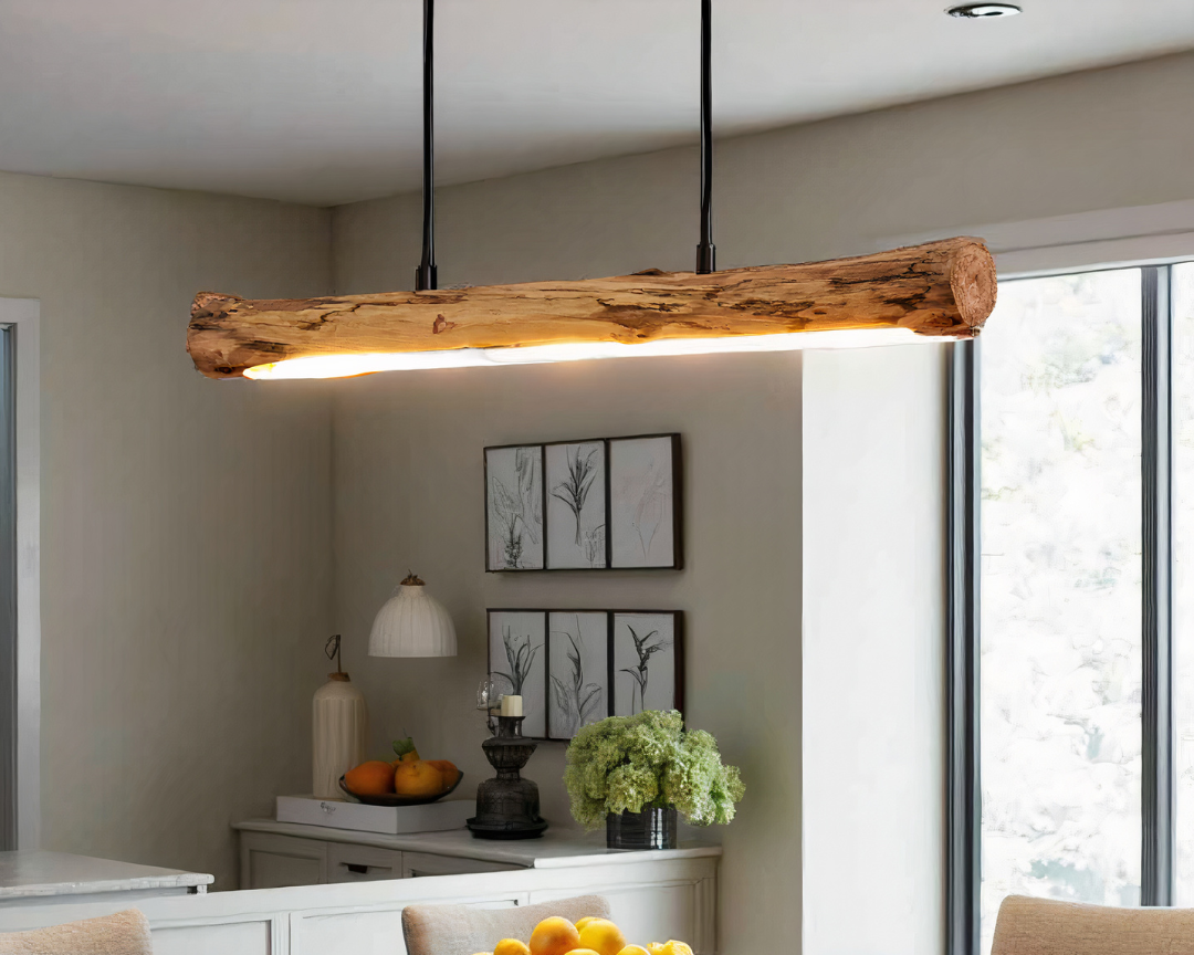 Modern dimmable LED wooden pendant lamp over a dining table, showcasing a warm natural wood finish and soft ambient light.