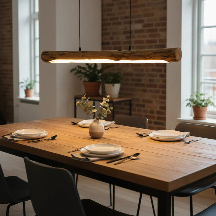 Elegant natural wood pendant light with dimmable LED, perfect for dining room decor, providing warm, adjustable illumination.