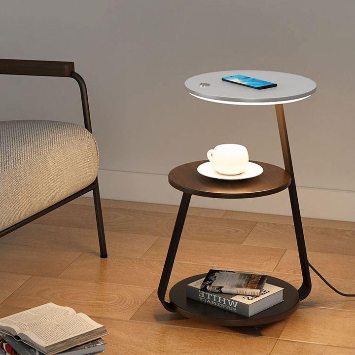 Dark wood modern double-layer end table with sleek design, ideal for contemporary homes.